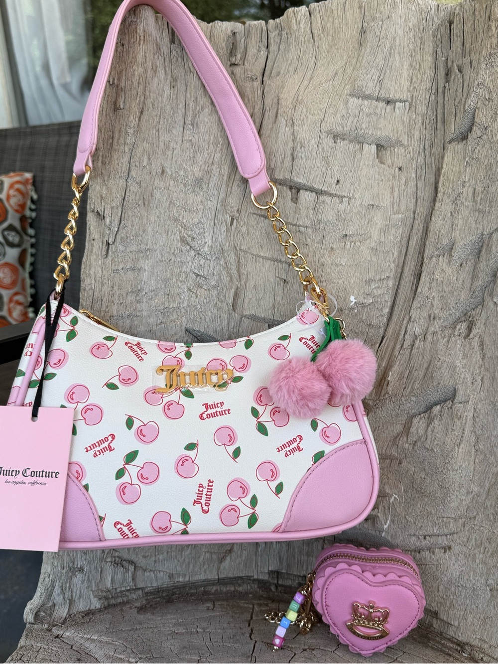 Juicy Couture Cherry Girl Shoulder Bag With Key Purse Charm Heart Beads Cherries